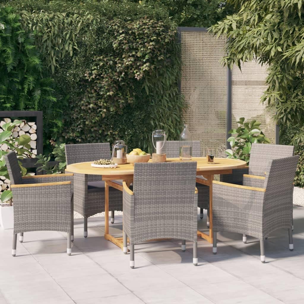 Patio Dining Set for 6, Gray PE Rattan Chairs, Solid Acacia Wood Table, Outdoor Garden Furniture