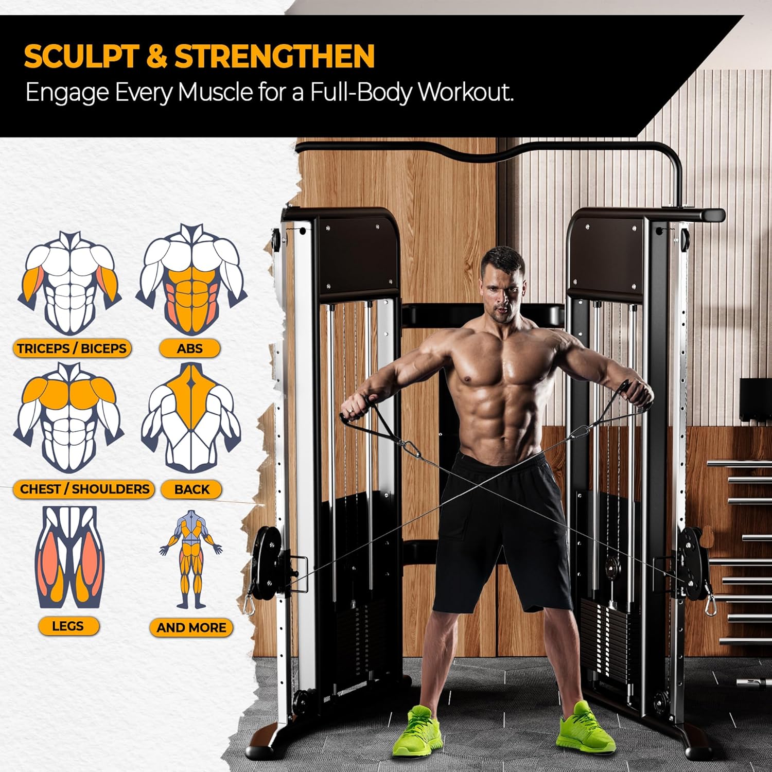 Functional Trainer Cable Machine Home Gym Exercise Equipment - Adjustable Pulley System: Ultimate Workout Equipment for Full-Body Strength, Flexibility & Balance - Dual Weight Stacks Fitness Training