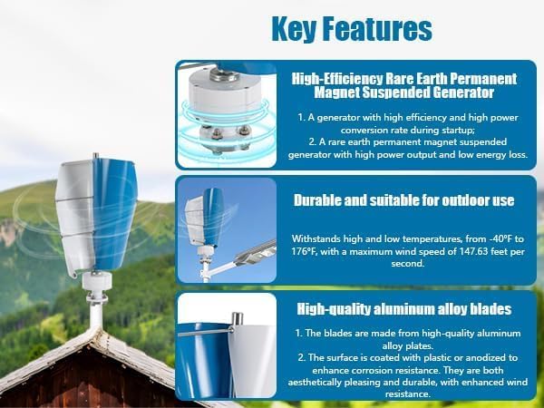 Vertical Wind Turbine, 100W 12V Wind Turbine Generator Kit w/Controller,Wind Power Generator,Automatically adjust,13m/s Rated Wind Speed for Home,Gazebos,Boats