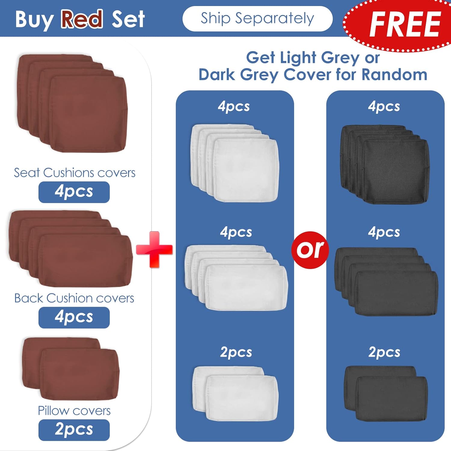 RADIATA 7 Piece Wicker Patio Furniture Set with Fire Pit, All-Weather Outdoor Sectional Couch High Back Large Size, Modular Backyard Seating Sofa Set with Propane/Natural Gas Firepit Table, Grey&Red