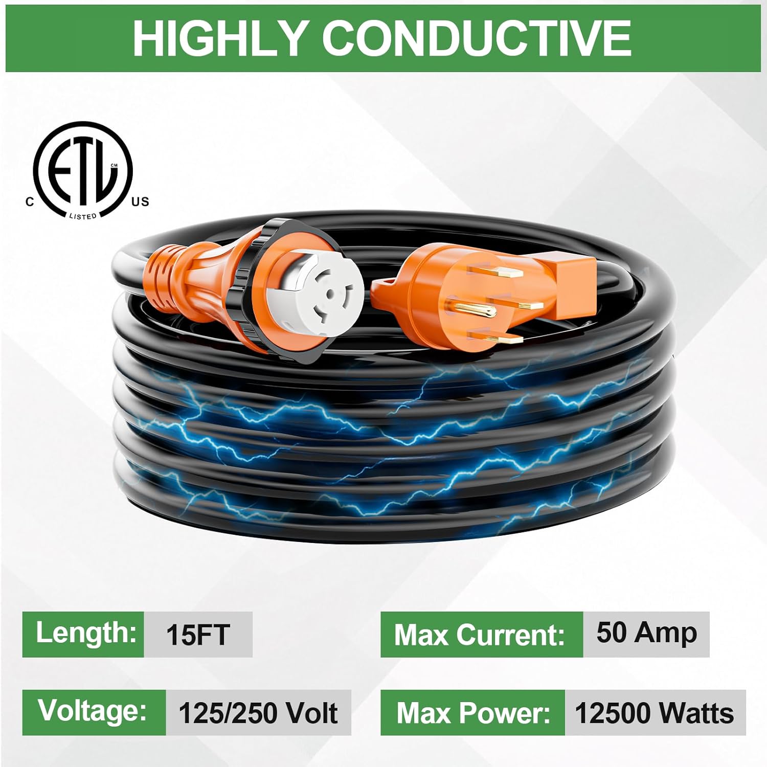 50 Amp Generator Extension Cord 15 Ft- Rated for 250V /12500W+50 Amp Generator Inlet Box with Green Safety Light