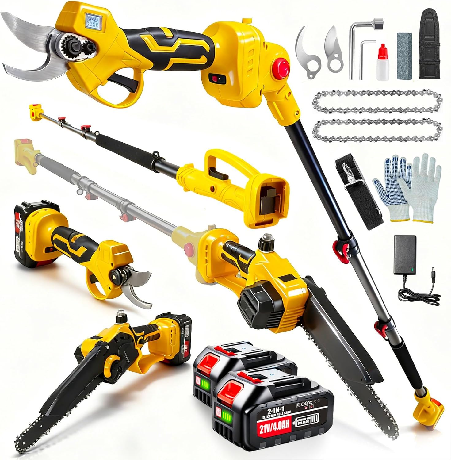 4-in-1 Pole Saw & Electric Pruning Shears, Brushless 8 Inch Mini Chainsaw, Cordless Pruning Shears with 16ft Max Angle Adjustment Extension Pole, 2 * 4.0Ah Battery Powered, for Tree Trimming & Garden