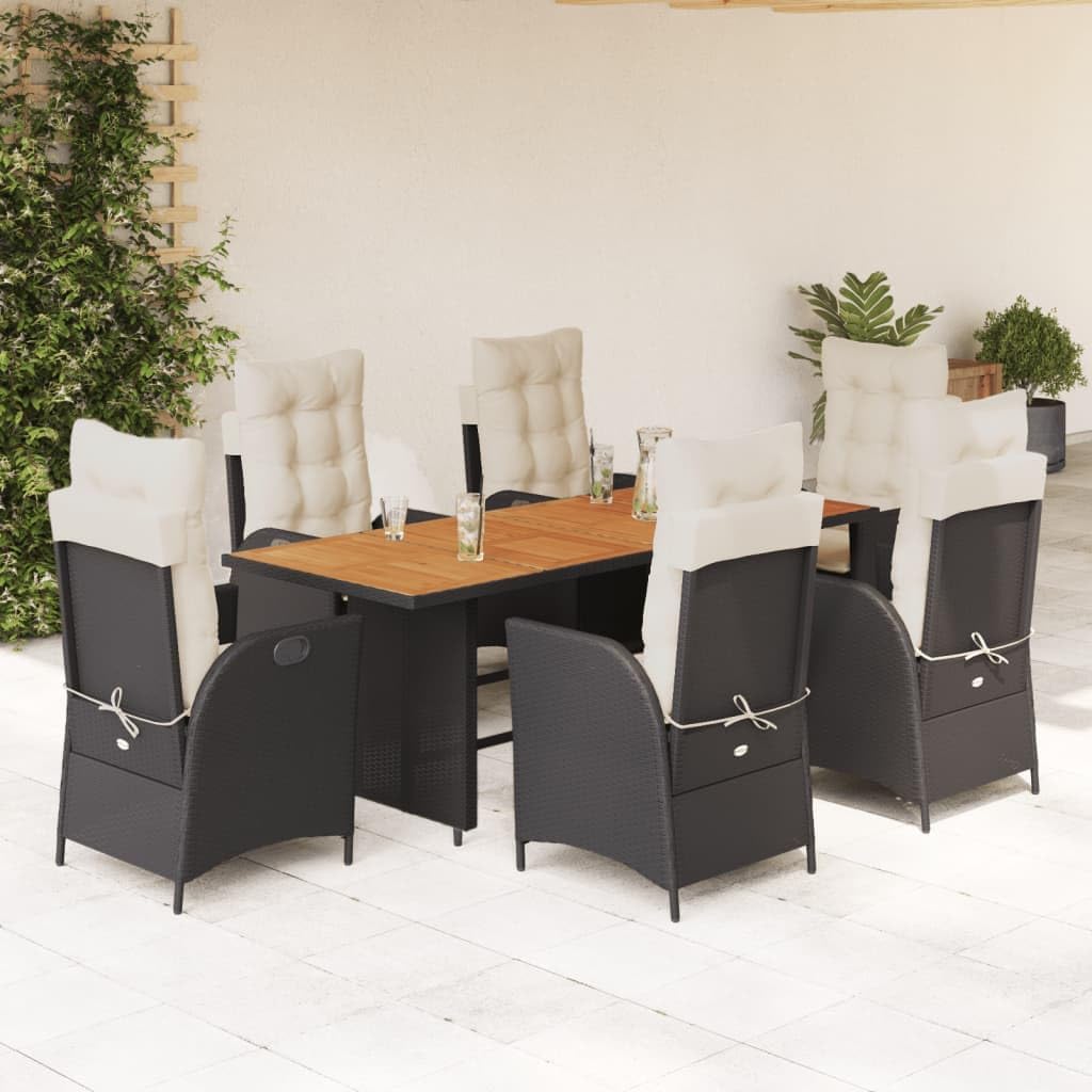 Furniture Sets 7 Piece Patio Dining Set with Cushions Black Poly Rattan,Acacia Wood Outdoor Dining Set with Adjustable Backrest Garden Chairs Garden Conversation Sets