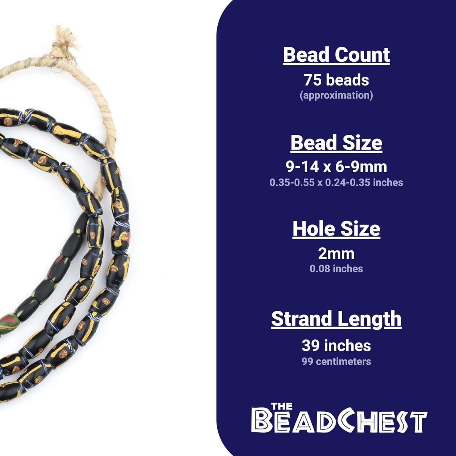 The Bead Chest Antique Venetian Sotro Trade Beads Long Strand 8mm Ghana African Multicolor Oval Glass Large Hole 39 Inch Strand Handmade