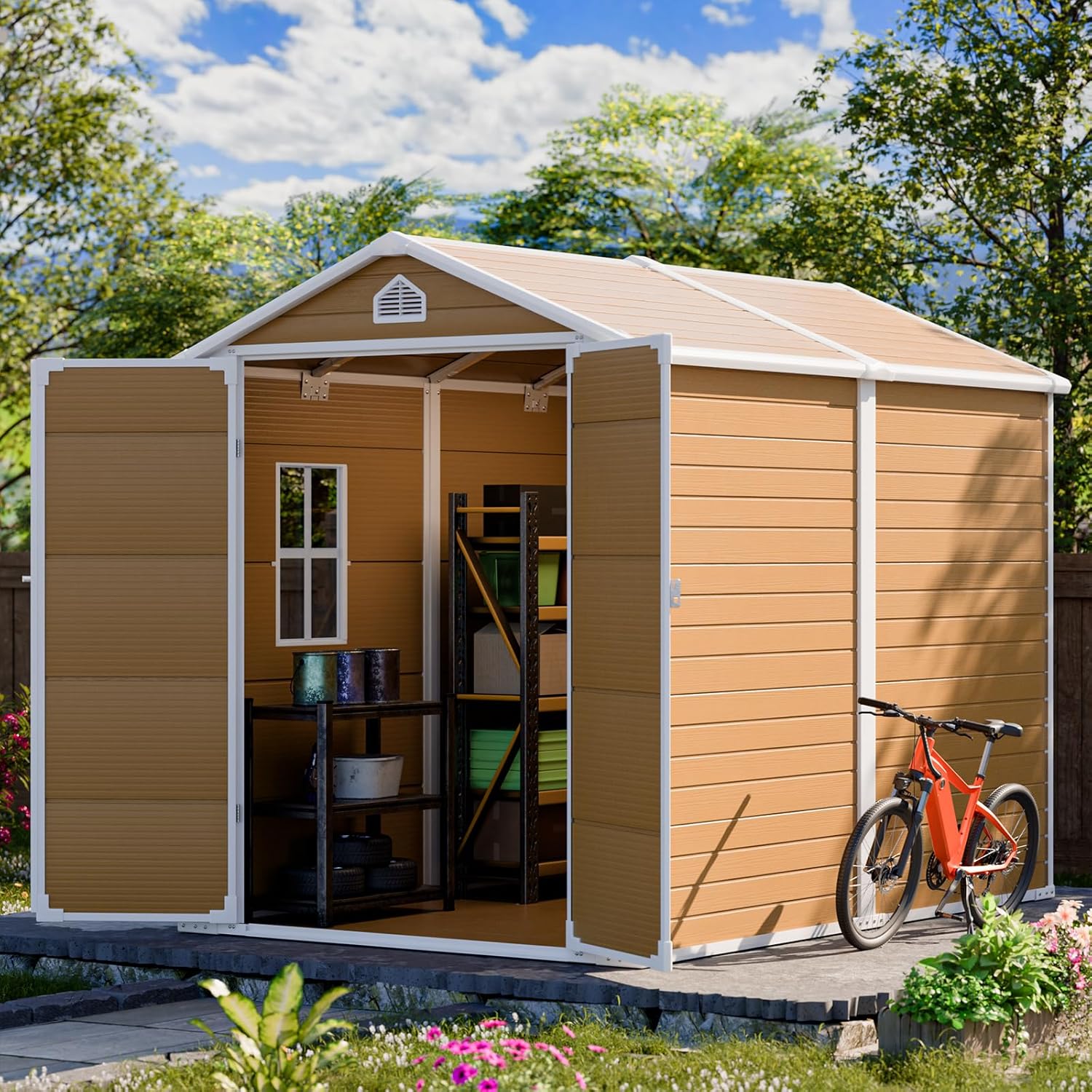 HUSFU Outdoor Resin Storage Shed 8x6 FT, Plastic Tool Shed for Bike, Garbage Can, Chicken Coop, Outside Sheds with Lockable Door for Backyard, Patio, Lawn, Light Brown