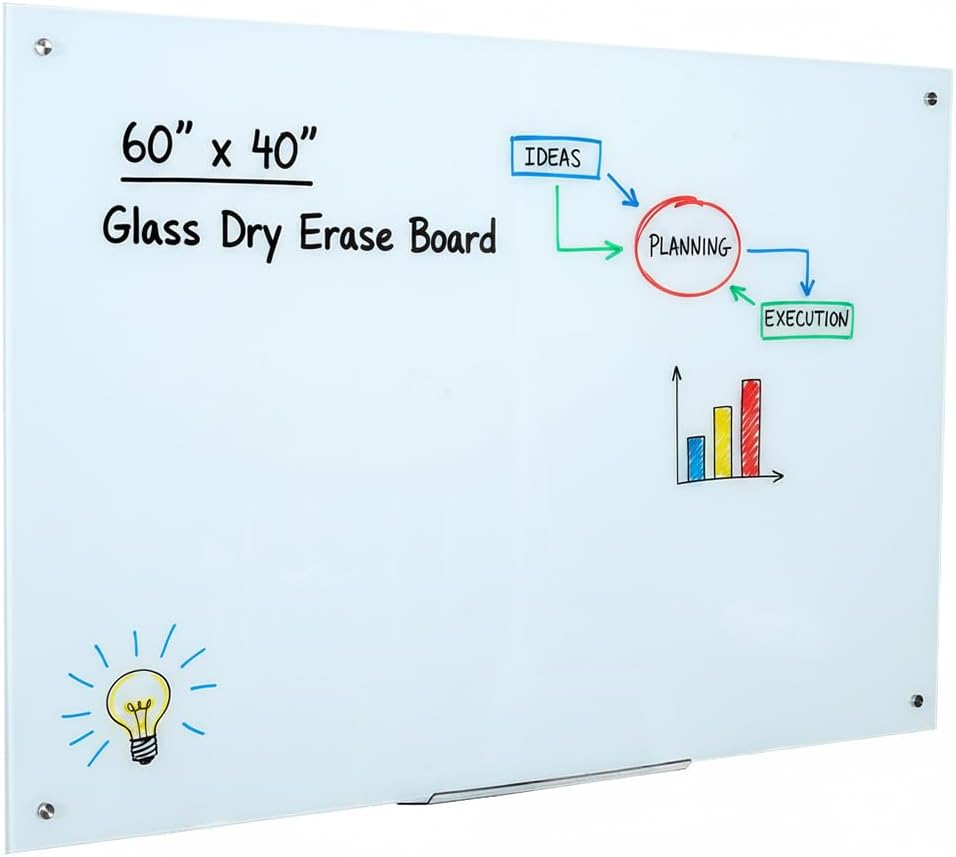 Glass Dry Erase Board - Magnetic Whiteboard with Frameless Mounting, Premium Tempered Glass Surface & Accessory Tray - Perfect for Office, Classroom, or Home (60