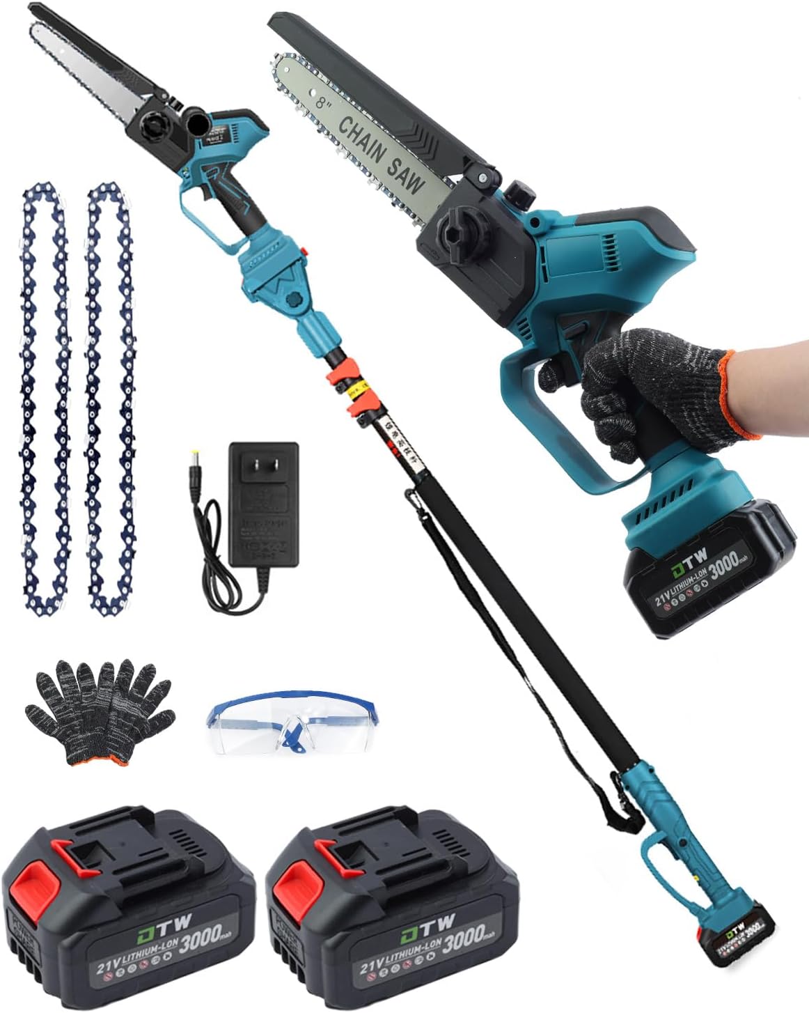 8 Inch Cordless Pole Saw for Tree Trimming, 2 in 1 Electric Pole Saw & Mini Chainsaw with Extension Pole, 2 Pack 3000mAh Battery Powered Pole Chain Saw Lightweight Pole Saws for Branch Pruning
