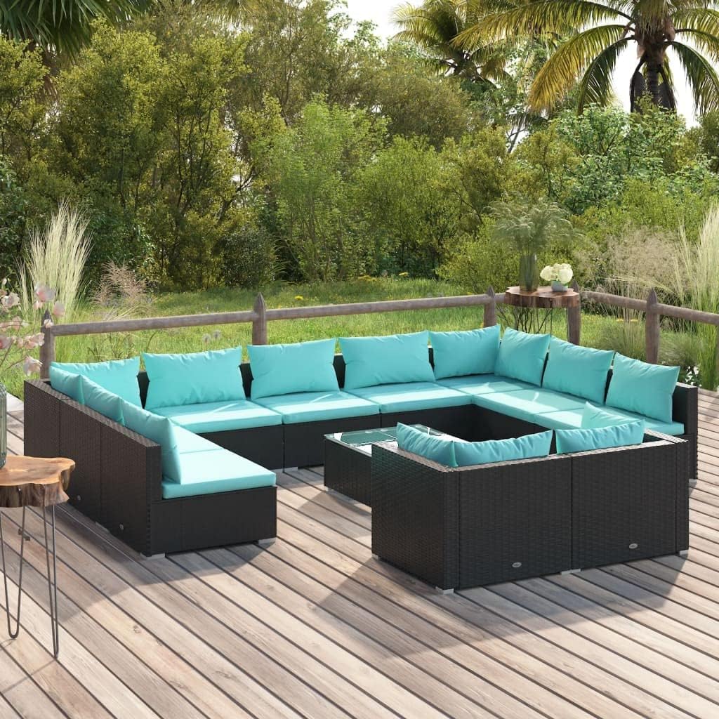 12 Piece Patio Lounge Set with Cushions Black Poly Rattan,Modern Outdoor Lounge Set 7Piece with Cushions and Coffee Table for Patio, Garden, and Backyards Patio Furniture Sets, Outdoor Furniture Sets