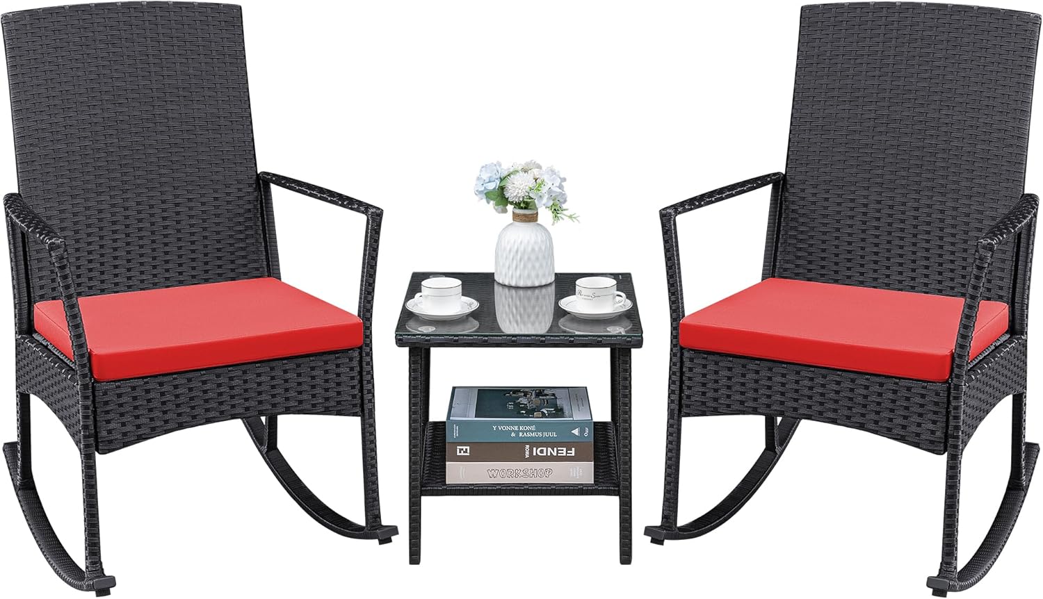 Greesum 3 Pieces Patio Furniture Set Outdoor Wicker Rocking Chairs with Glass Coffee Table for Garden Backyard Porch Poolside, Red