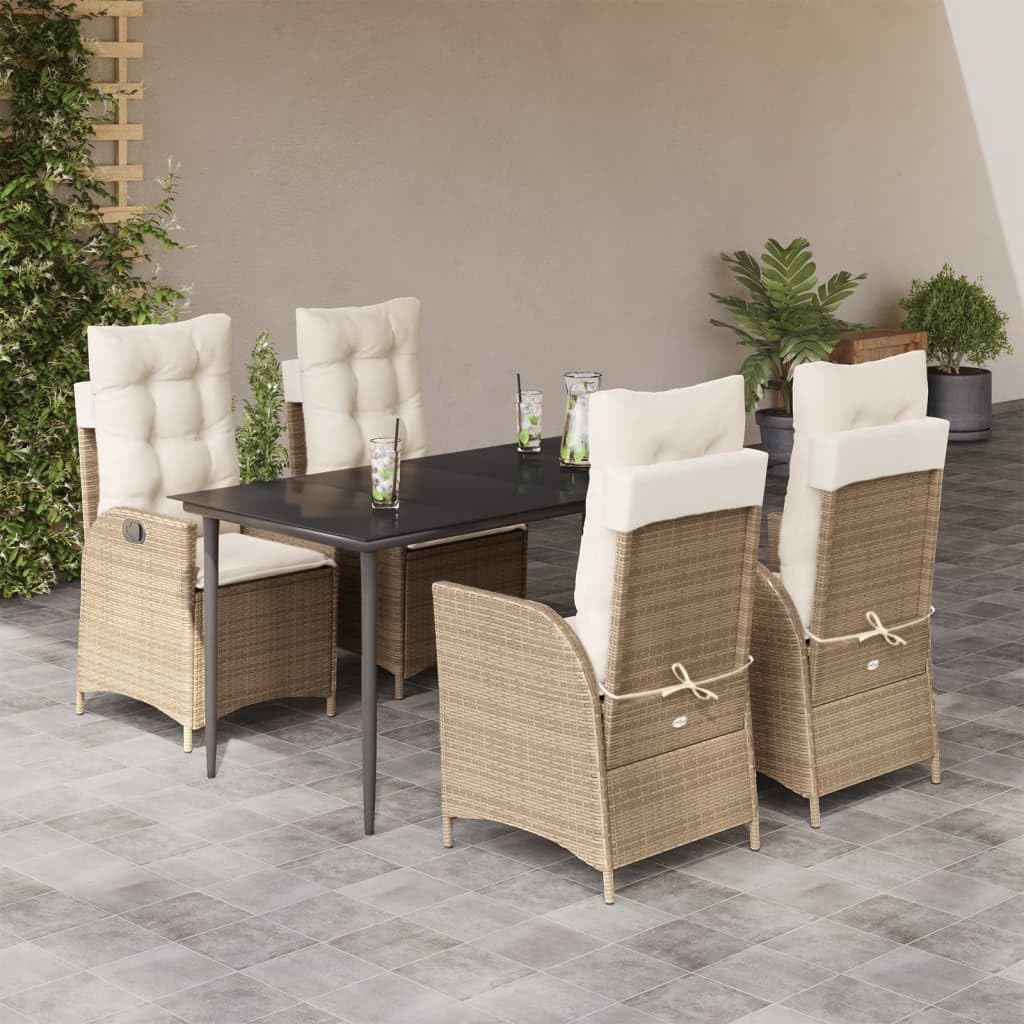 5 Piece Patio Dining Set with Cushions Beige Poly Rattan,3Piece Rattan Garden Lounge Set with Adjustable Chairs and Removable Cushions for Outdoor Dining and Relaxation Patio Furniture Sets, Outdoor F