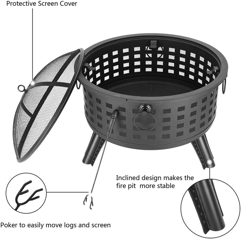 Outdoor Wood Burning Firepit,with Spark Screen Fireplace Poker Fire Pits,26-Inch BBQ Fire Bowl