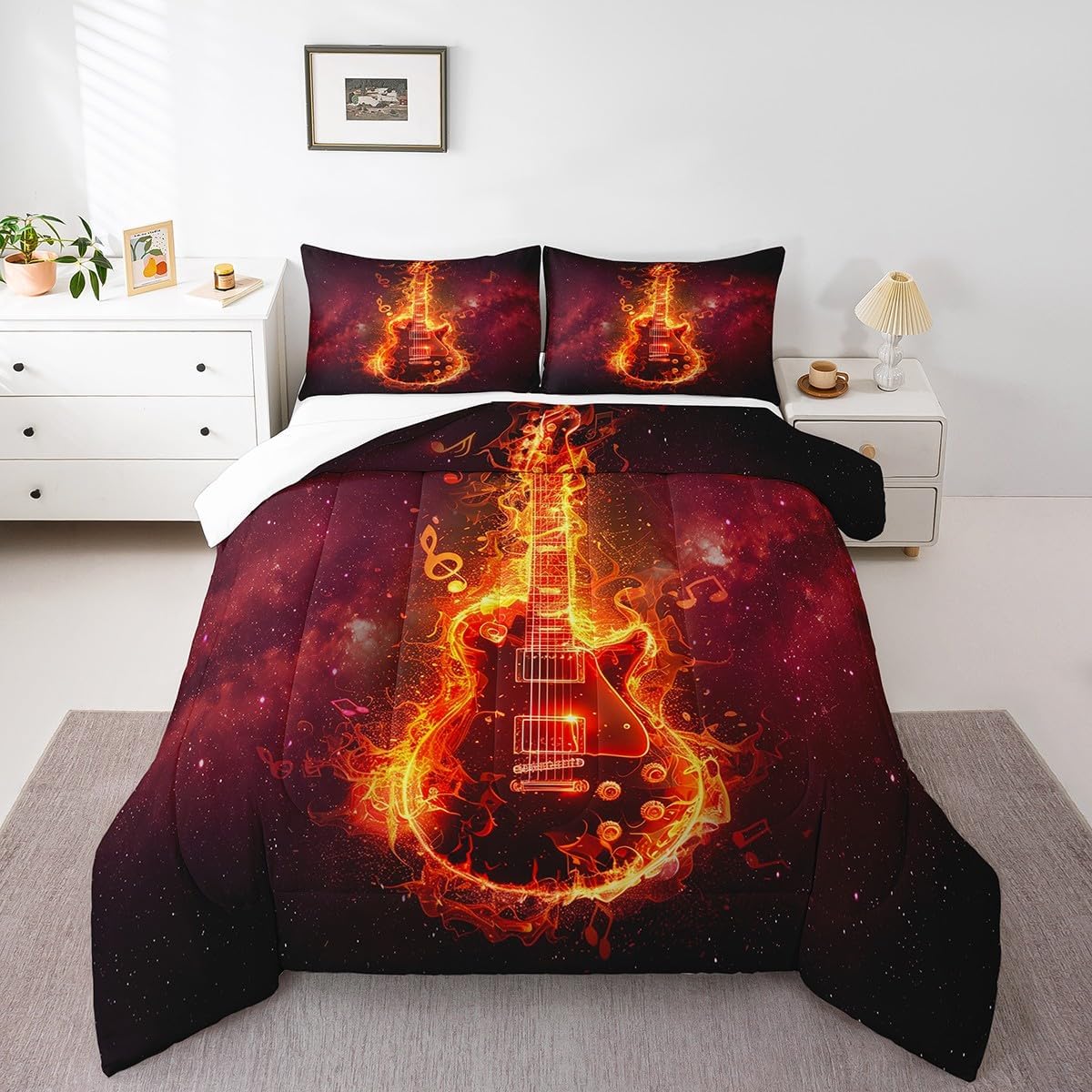 Red Bass Kids Comforter Set King Size,Fire Decor Musical Instrument Notes Quilted Duvet with 2 Pillowcases Guitar Pattern Nebula Galaxy Comforter for Boys Teens Bedroom