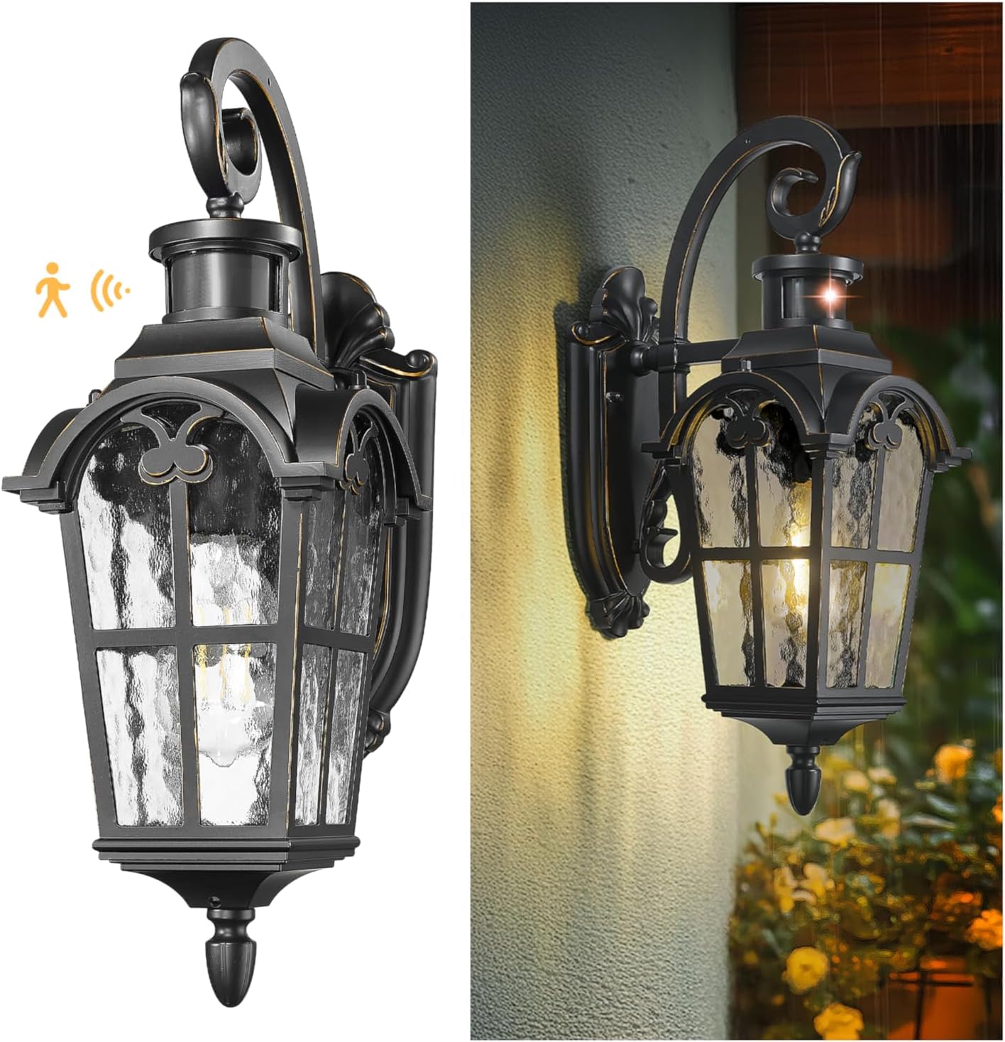 Emliviar Motion Sensor Outdoor Wall Light, Porch Wall Lamp with Water Glass, 18.7