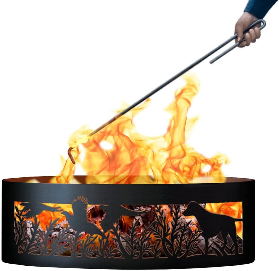 PD Metals PR00737-FP Dog N Pheasant Unpainted 12 in. Tall 37 in. Diameter Outdoor Fire Ring with Fire Poker - 37 x 37 x 12 in. - Rustic Black Color