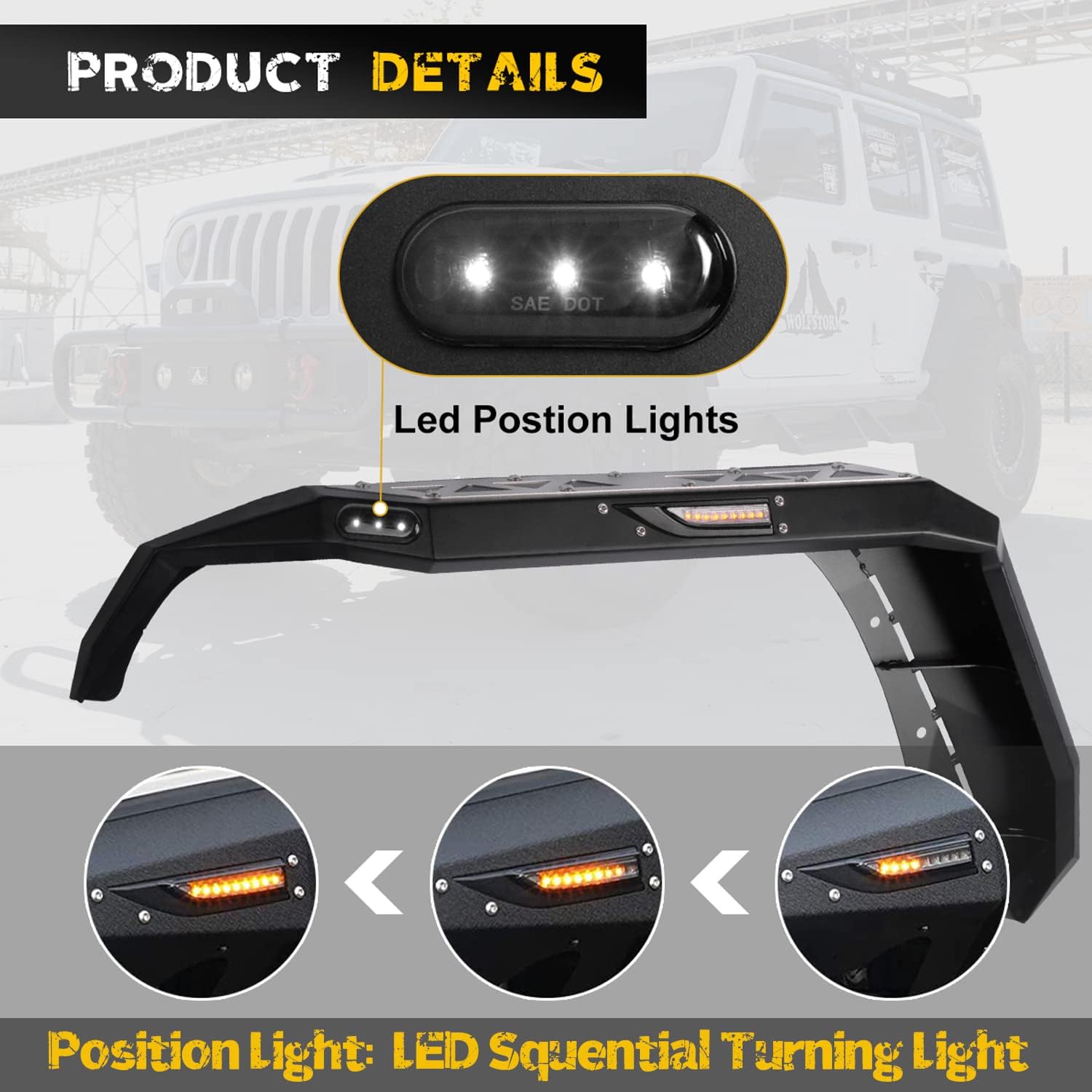 Fender Flares For Jeep 2007-2018 Wrangler JK JKU 2/4-Doors, Hawkley Offroad Steel Fender Flares with LED DRL Light & Sequential Turn Signal Lights for 07-18 Wrangler JK Replacement Accessories