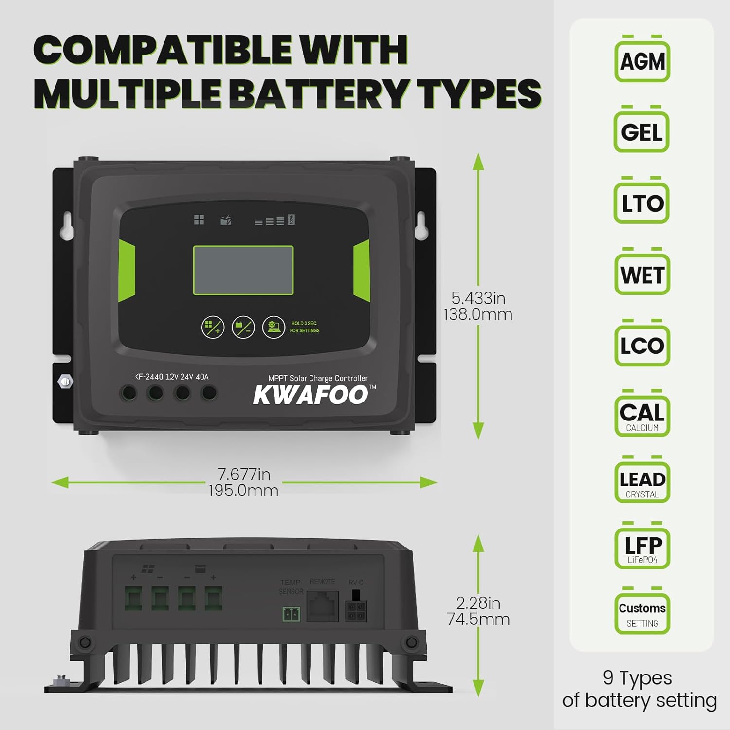 MPPT 100V 40A 12V/24V Auto Solar Charge Controller, Negative Ground, APP Control, Backlit LCD