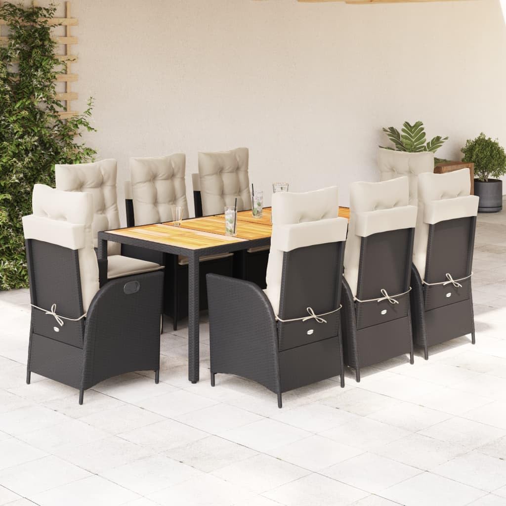 9 Piece Patio Dining Set with Cushions Black Poly Rattan,Outdoor Garden Dining Set with Reclining Chairs and Acacia Wood Table Furniture Sets for Patio, Lawn & Garden