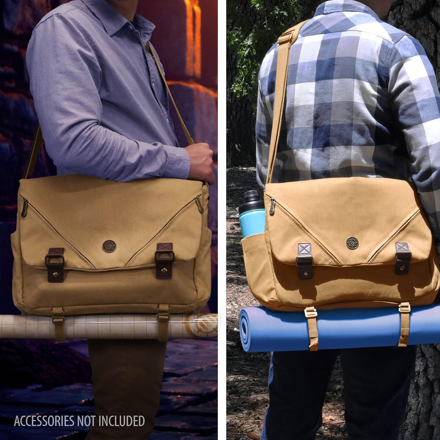 ENHANCE Venture DND Bag - Canvas RPG Player's Essentials Dungeons and Dragons Canvas Messenger Bag with Vegan Leather Accents Fits 2-4 Books, Dice & Accessories, with 17 inch Laptop Slot (Khaki)