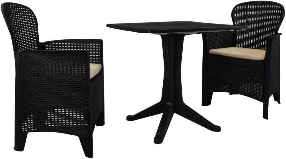 3 Piece Bistro Set Plastic Rattan Anthracite,Rattan Look Plastic Bistro Set for Outdoor Dining Table with Cushioned Chairs Furniture Sets for Patio, Lawn & Garden