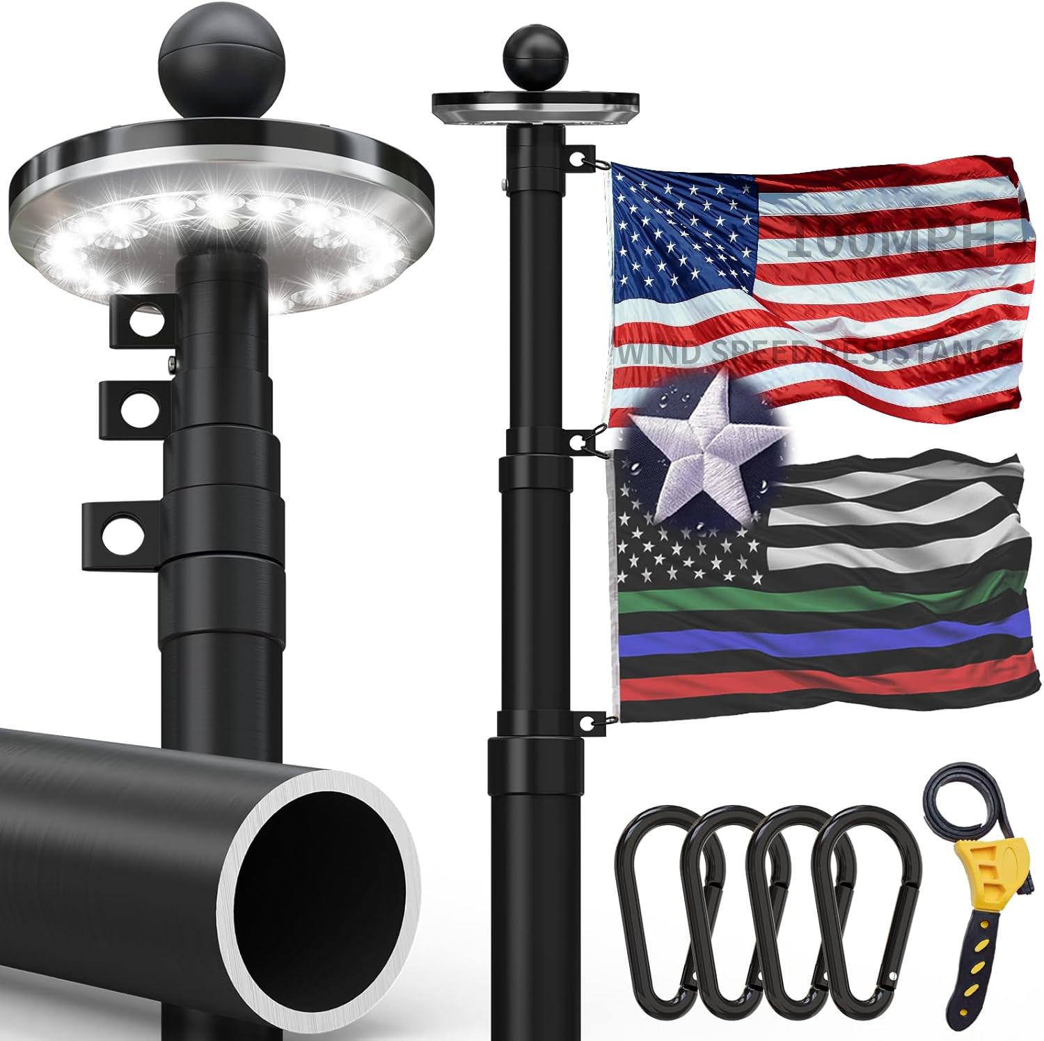 20 FT 11-Gauge Heavy Duty Flag Pole with Solar Light,Extra Thick Telescoping Aluminum Flagpole with 3x5 Embroidered USA Flag for Outside House or Commercial,Residential,Outdoor,100MPH Wind