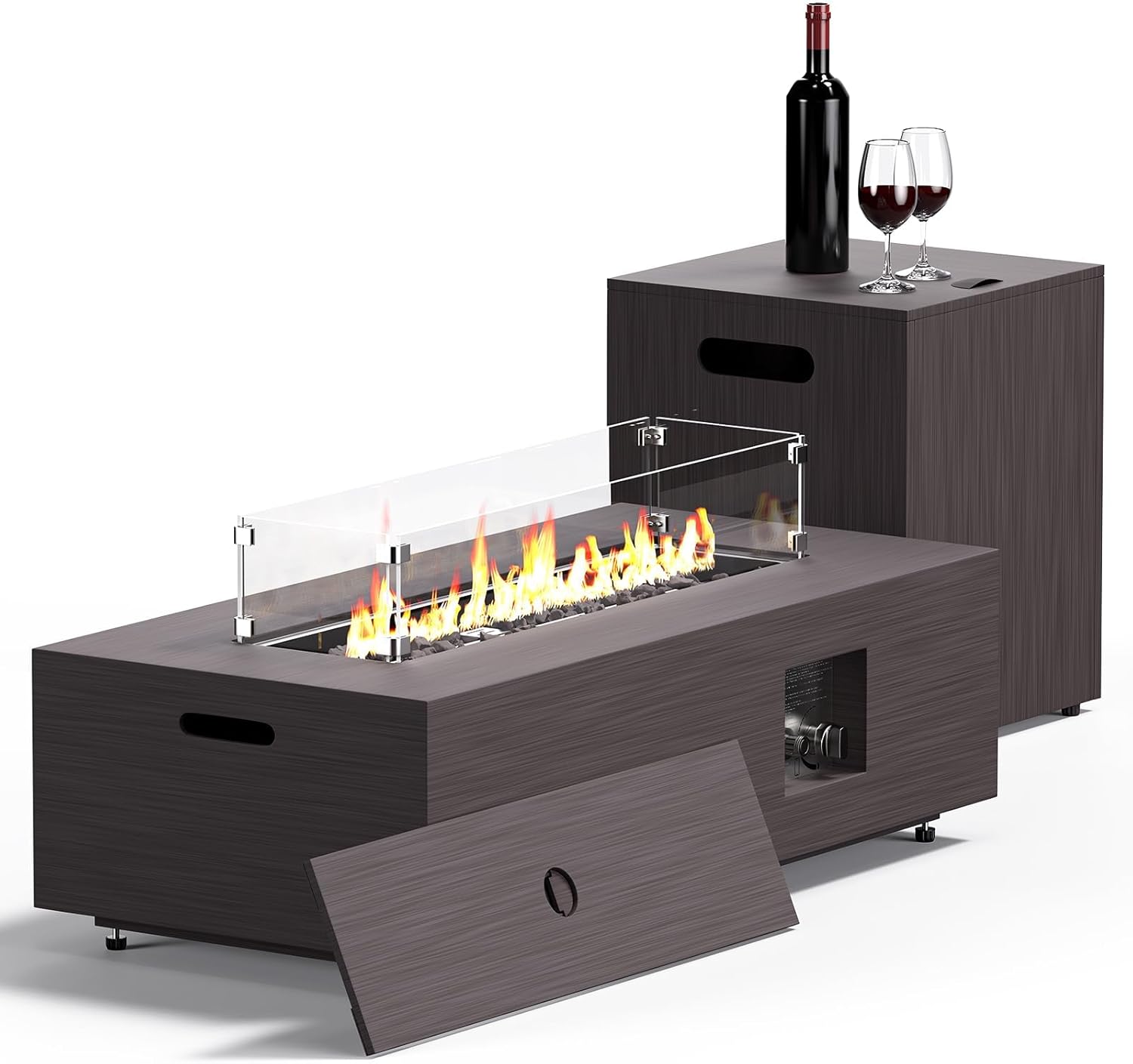 42in Fire Pit Table Propane Fire Pit 2 Piece Rectangular Gas Fire Pits 50,000 BTU with Wind Guard Propane Tank Cover Table Lava Rocks for Outdoor Outside Patio