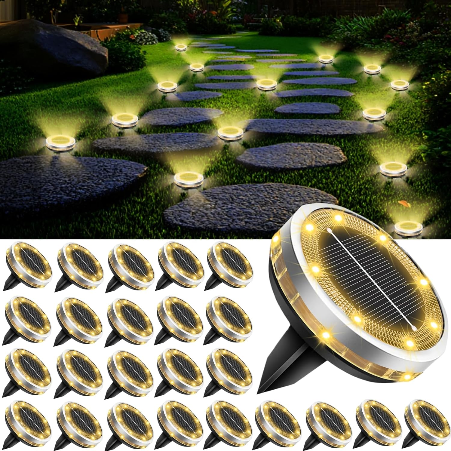 Solar Ground Lights Outdoor 26 Pack Waterproof, Upgraded Solor Garden Lights with 4 Side Light, Stainless Steel Salor Powered Disc Landscape Light for Walkway Pathway Lawn Yard Patio Deck-Warm White