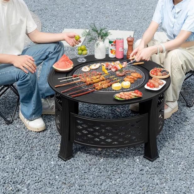 31.5 Inch Fire Pit with Grill, Wood Burning Fire Pits for Outside Garden with Lid, Fire Poker, BBQ & Outdoor Firepit & Round Metal Table for Camping, Picnic, Bonfire, Patio, Picnic, Party