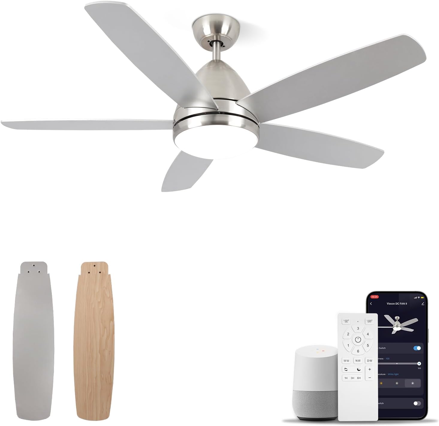 Smart Ceiling Fan with Light, Modern Nickel 52-Inch Outdoor Ceiling Fan and Remote/App, Dimmable Tri-Color LED and Reversible Motor for Indoor Bedroom/Outdoor Covered Patio