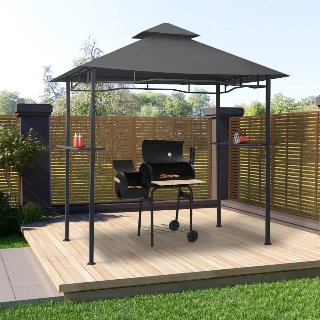 BBQ Gazebo 7.9'x4.9'x8.4', Steel,Outdoor BBQ Gazebo with DoubleLayer Roof and Bar Counters for YearRound Grilling Outdoor Living, Patio Furniture & Accessories, Anthracite