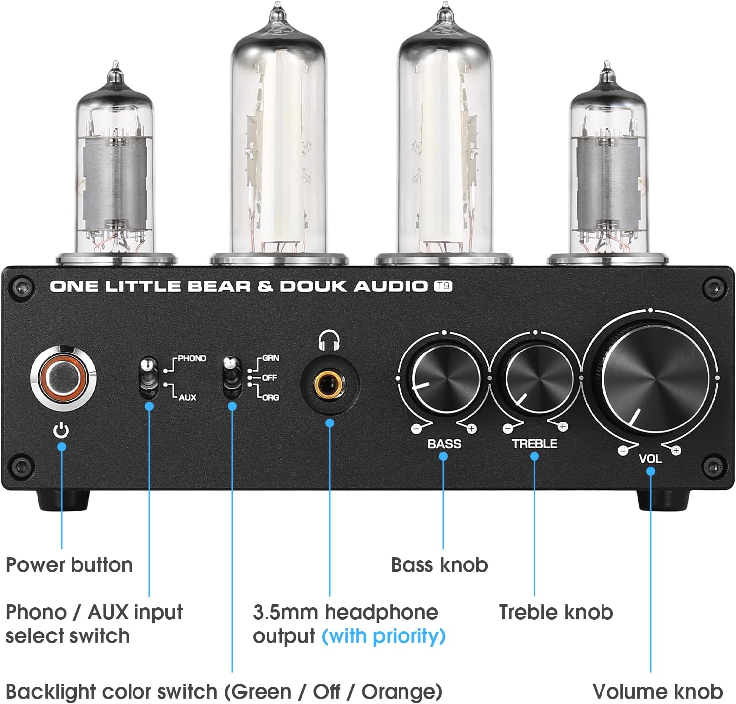 Douk Audio T9 Vacuum Tube Phono Preamp Stereo Turntable Preamplifier with Headphone Output and Treble Bass Control for MM/MC Record Player, Home Hi-Fi Audio, Amplifier, Speaker