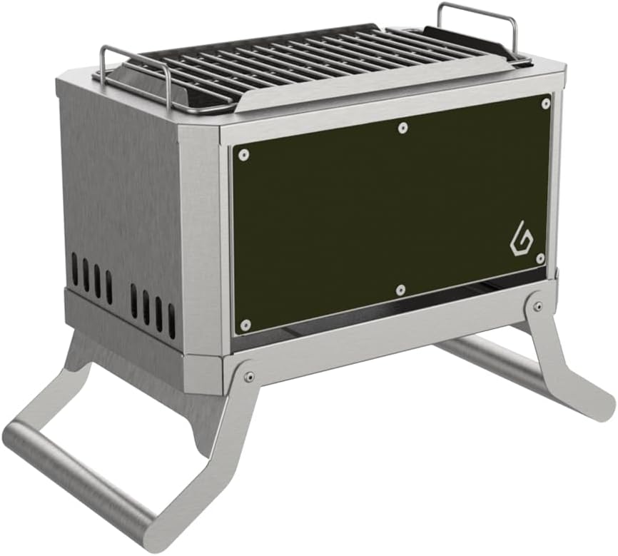 GGUBUS Wild Hunter Triple Combustion Camping Fire Pit – Foldable, Portable Dual Grill & Bonfire Stove, Low-Smoke, Triple Airflow, Ceramic-Coated, Tool-Free Assembly, Carry Bag (Khaki)