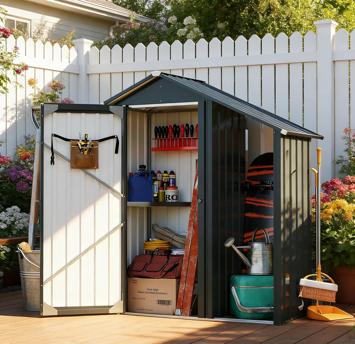 Campcraft Small Metal Compact Garden Shed Storage Cabinet Outdoor Storage with Lockable Door, Waterproof Galvanized Iron, 2-in-1 Tool Shed & Firewood Rack for Patio Backyard.