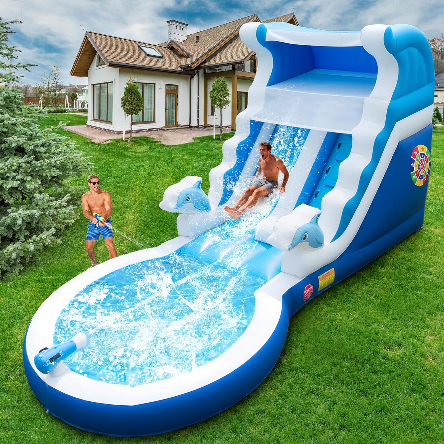 Inflatable Water Slide Commercial Grade: 24FT(L) Water Bounce House for Adults & Teenagers - Big Pool, Premium PVC, Dolphin Style, Wet & Dry, 950W Blower - for Backyard Outdoor Birthday Party