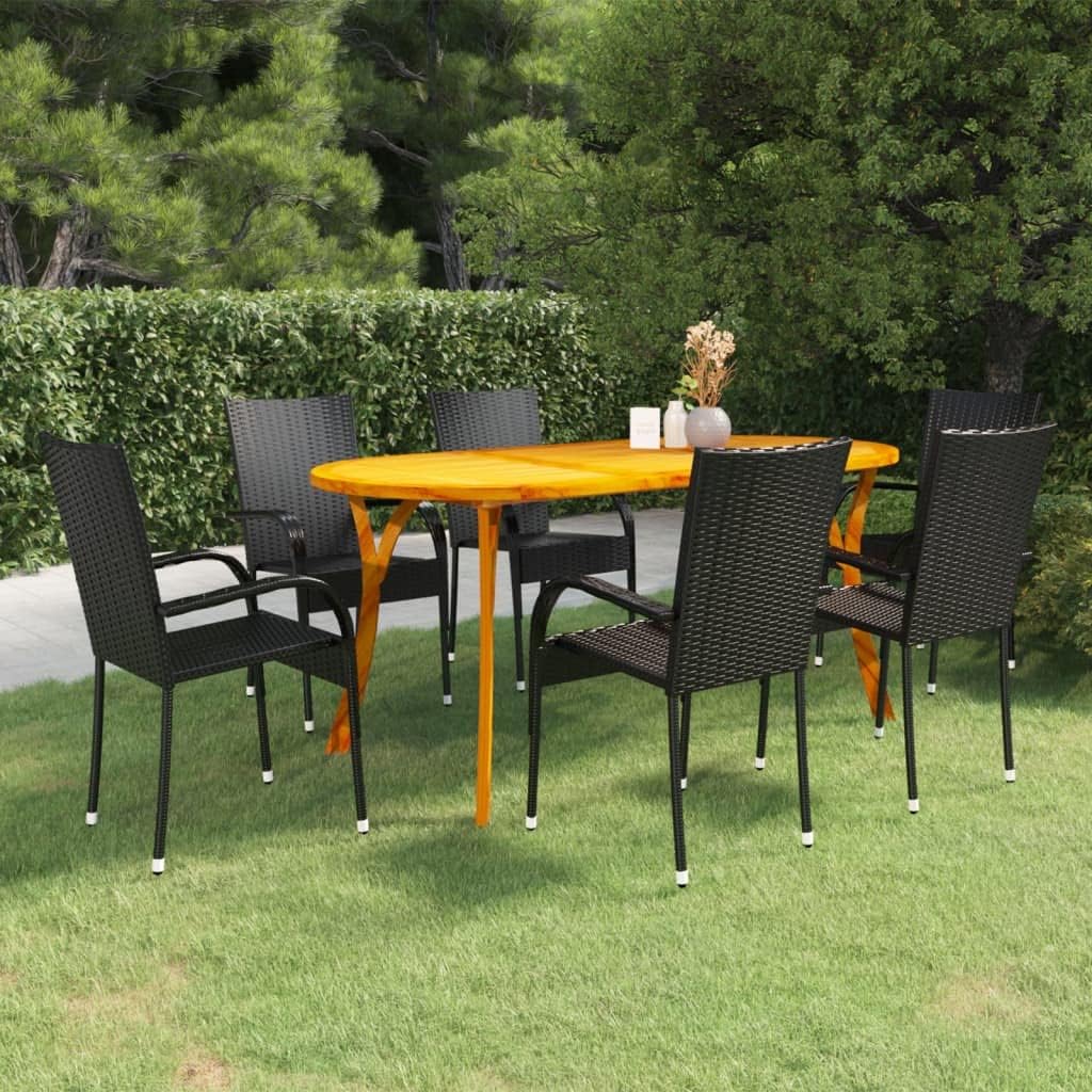 Furniture Sets 7 Piece Patio Dining Set Black,Acacia Wood Patio Dining Set with WeatherResistant Stackable Chairs Garden Conversation Sets