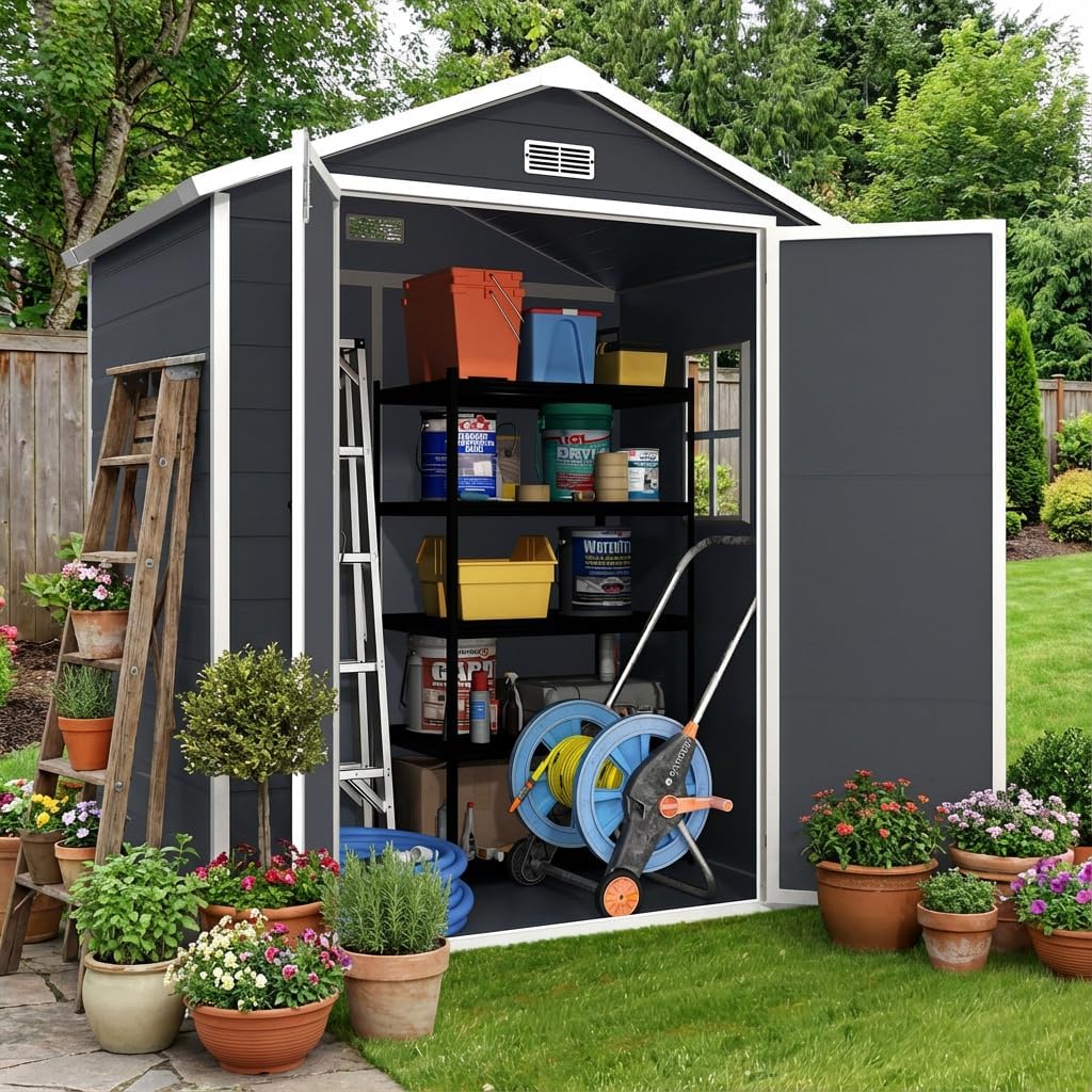 HUGROVE 6×4ft Outdoor Storage Shed with Floor, Waterproof & UV-Resistant Resin Garden Shed for Backyard with Lockable Double Doors, Air Vents & Side Window (Dark Gray)