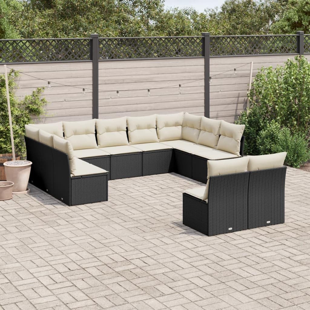 Black Poly Rattan Garden Sofa Set with Powder-Coated Steel Frame, 11-Piece Outdoor Patio Furniture for Terrace Backyard, Modular Seating with Weather Resistant Cushions