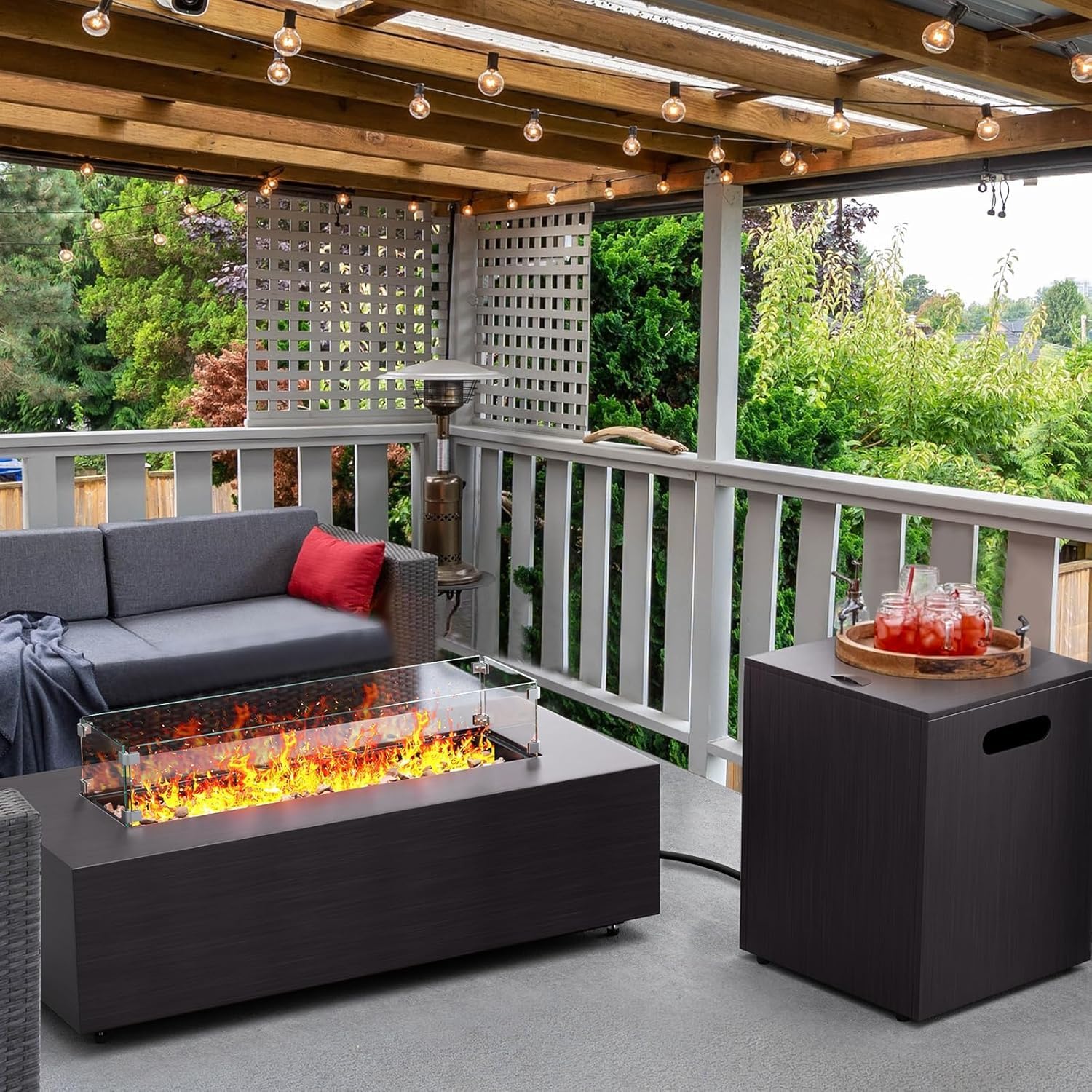 42in Fire Pit Table Propane Fire Pit 2 Piece Rectangular Gas Fire Pits 50,000 BTU with Wind Guard Propane Tank Cover Table Lava Rocks for Outdoor Outside Patio