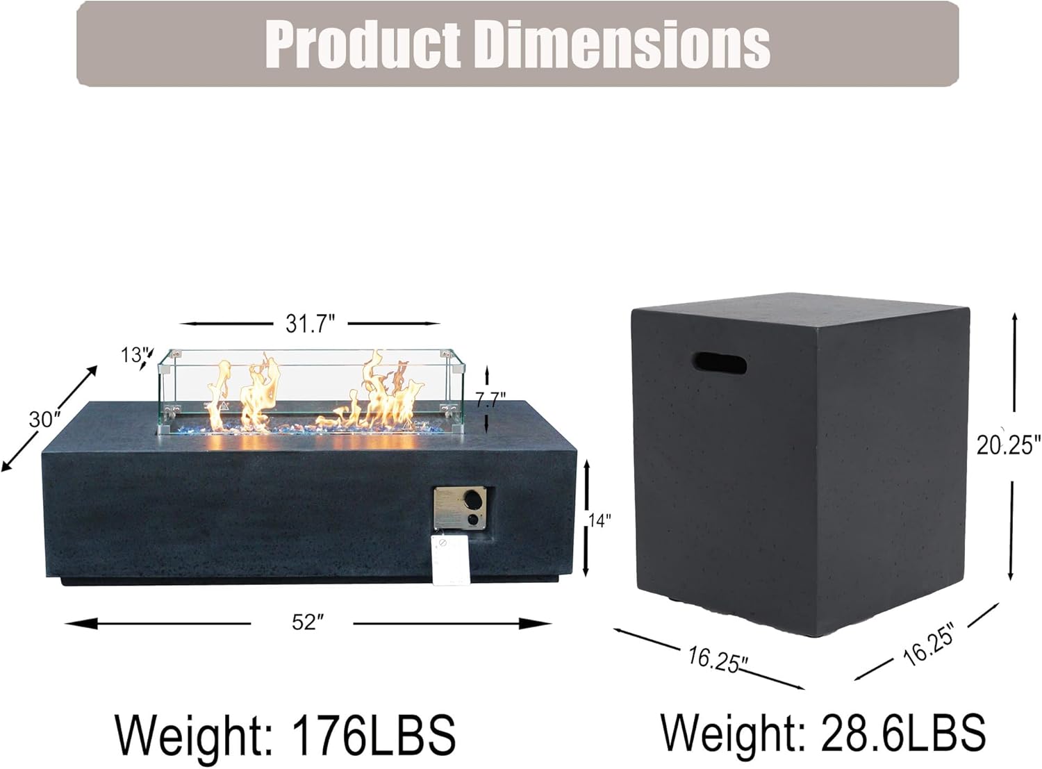 52 Inch Outdoor Propane Fire Pit Table & 20 LB Concrete Propane Tank Cover, 65,000 BTU Rectangle Fire Pit, Free Lava Rocks, Side Table Storage with Handles for Patio Garden Backyard, Dark Gray