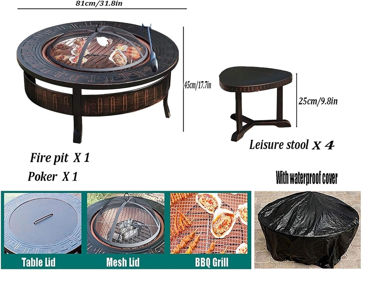 Outdoor Fire Pit 32-inch Campfire Pit Stool Set, Wood Burning Fire Bowl, Grill with Mesh Spark Sieve Cover Grate Poker