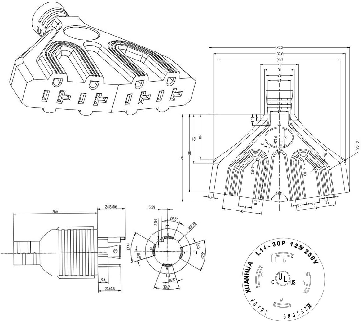 25 Feet Heavy Duty Generator Adapter Extension Cord,Generator Locking Cord,NEMA L14-30P to Four 5-20R, 4 Prong 10 Gauge Flat Generator Cable,125/250V 30Amp 7500 Watts Yodotek