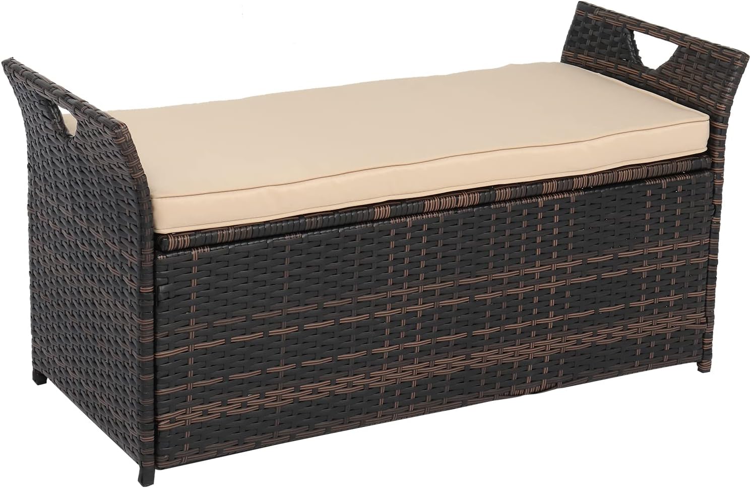 Vasitelan 33 Gallon Outdoor Wicker Storage Bench with Cushion, Patio Deck Box with Seat, Rattan Storage Box for Garden, Porch, Balcony, Yard, Poolside (Brown)