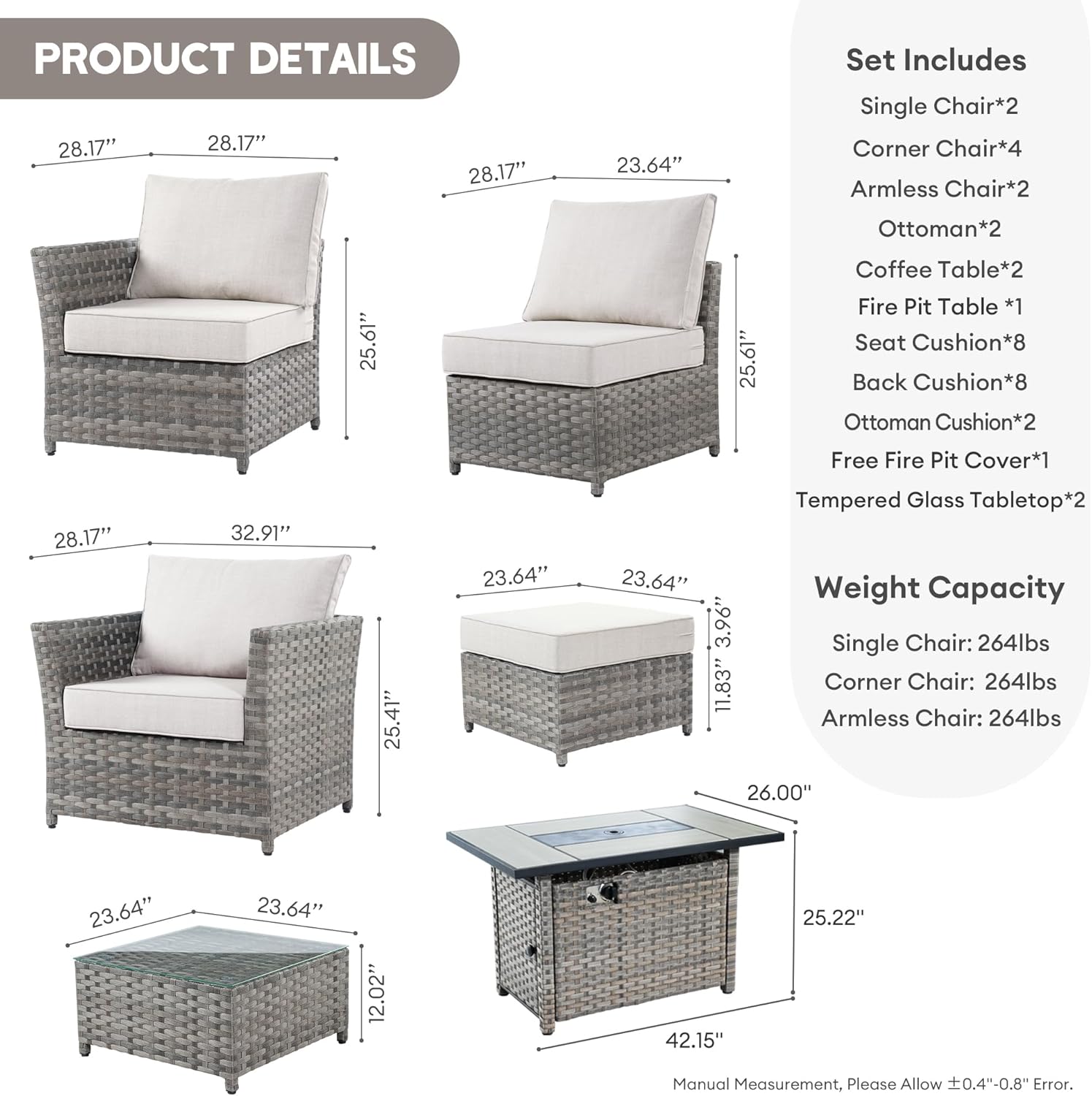 Patio Furniture Set with Propane Fire Pit Table, 13 Pieces PE Wicker Outdoor Conversation Set Sectional Sofa for Casual Gathering (Bold Stripe, Beige)