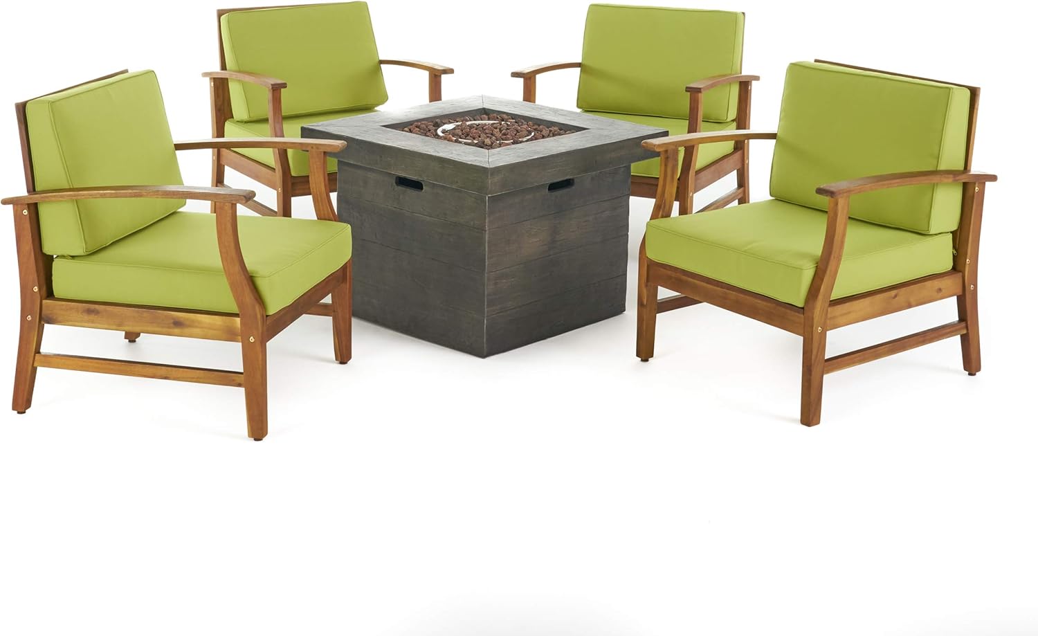 GDFStudio Noble House Kourtney 5 Piece Outdoor Acacia Wood Chair and Firepit Set in Green