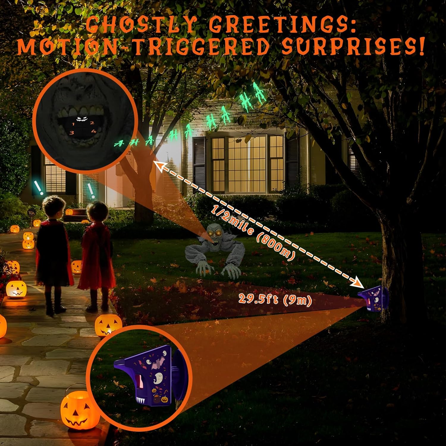 eMACROS 1/2 Mile Range Solar Driveway Alarm (Halloween Limited Edition), Halloween Decorations Motion Detector– Rechargeable Base Station with Spooky Halloween Music, Idea Gifts for Homeowners