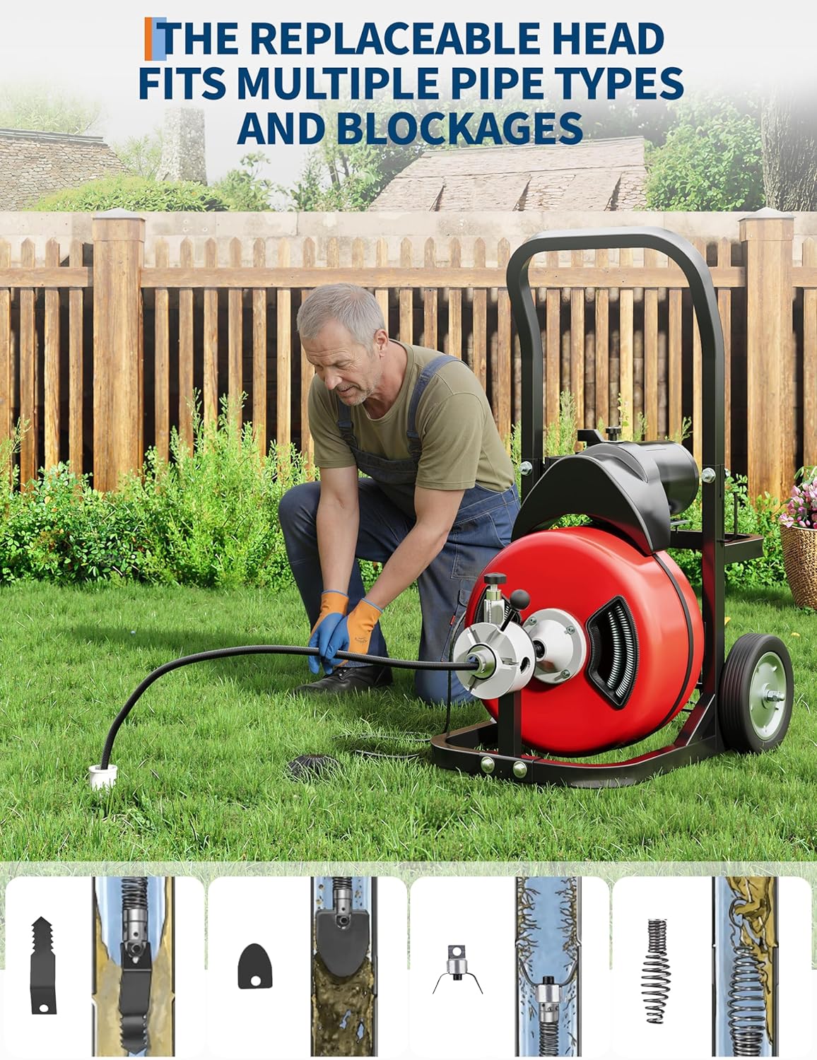 ACEKOOL 100FT x 3/8 Inch Electric Drain Cleaner Machine, 370W Heavy-Duty with Steel Core Cable, Sewer Auger, Cutter & Air-Activated Foot Switch, Portable on Wheels for Commercial & Home Use