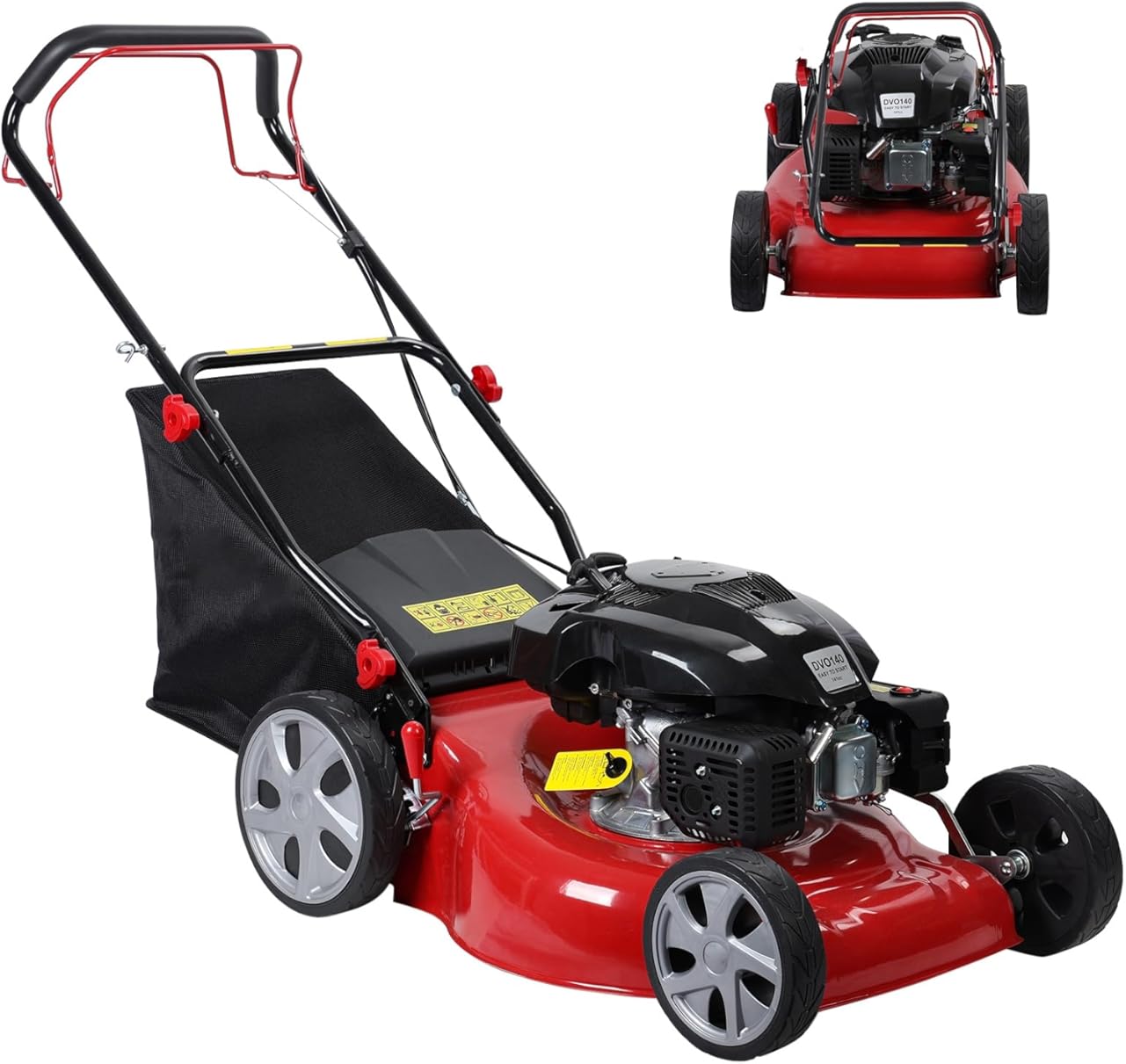 Gas Lawn Mower Self Propelled, 141cc Gas Push Mowers Walk-Behind with 20-inch Steel Deck, 8-Level Height Adjustment, 3-in-1 Mulch, Bag, Discharge, 12-inch High Rear Wheels Red