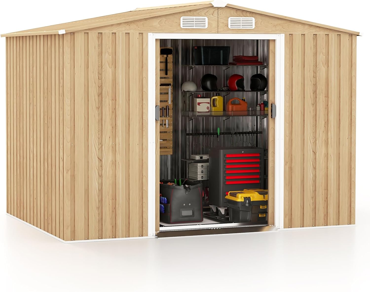 Goplus 8' x 6' Woodgrain Outdoor Storage Shed, Galvanized Metal Tool House Organizer w/Base Floor, 4 Vents, Lockable Doors, Waterproof Garden Sheds & Outdoor Storage for Backyard, Lawn, Patio