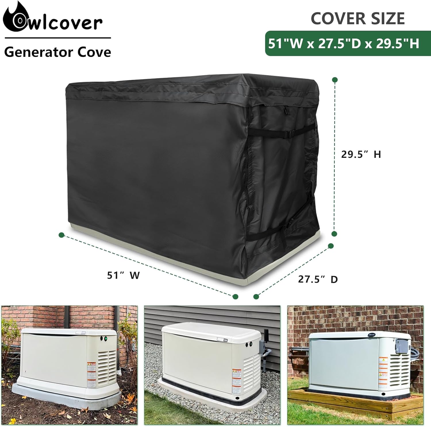 Generator Cover 600D Polyester Heavy Duty Waterproof Compatible with 7.5kW 10kW 14kW 18kW 20kW 22kW 24kW Home Standby Generator, Black