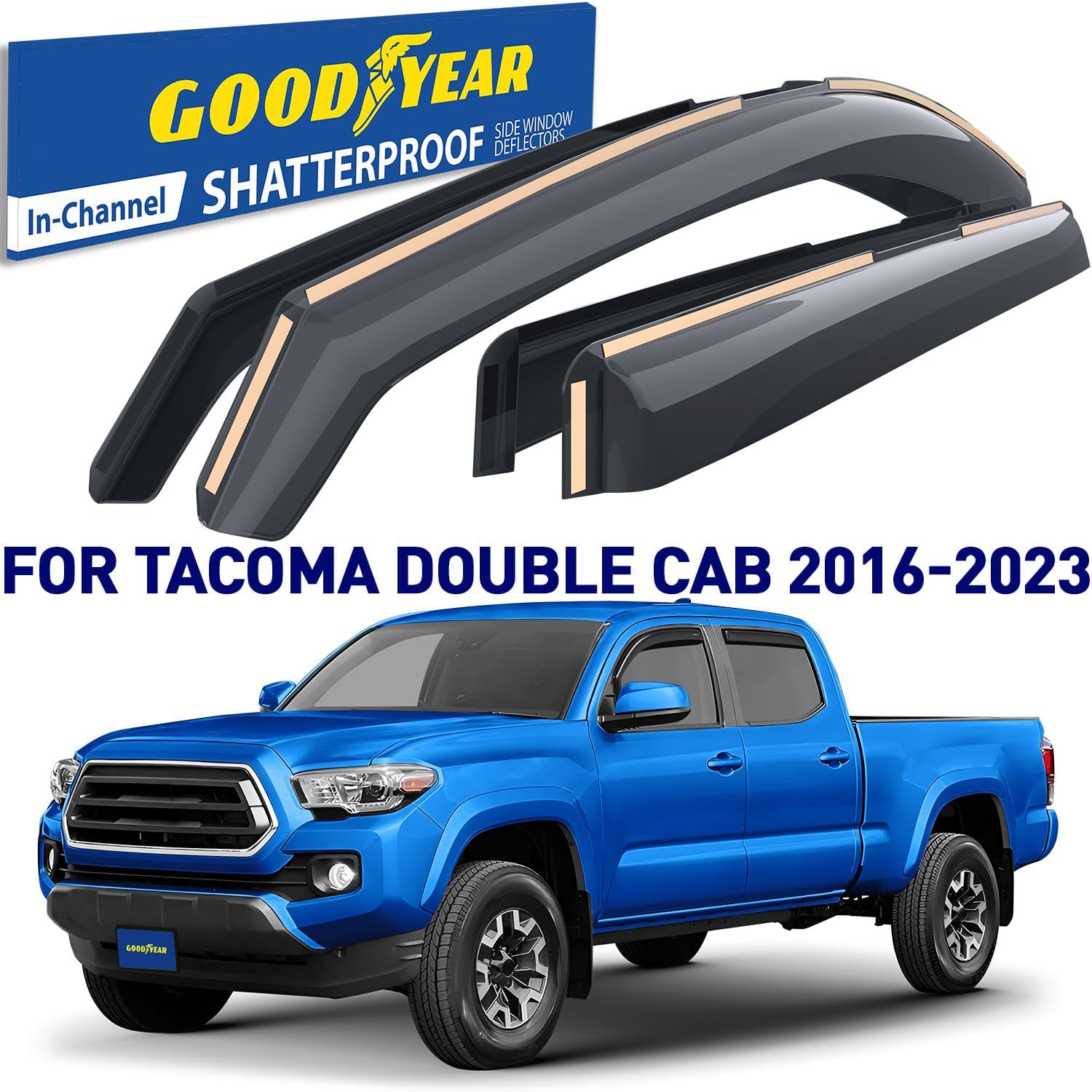 Goodyear Shatterproof in-Channel Window Deflectors for Trucks Toyota Tacoma 2016-2023 Double Cab, Rain Guards, Window Visors, Vent Deflector, Truck Accessories, 4pcs- GY003409