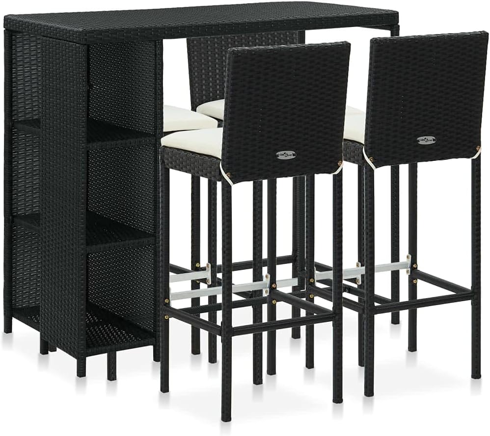 5 Piece Patio Bar Set with Cushions Poly Rattan Black Garden Furniture